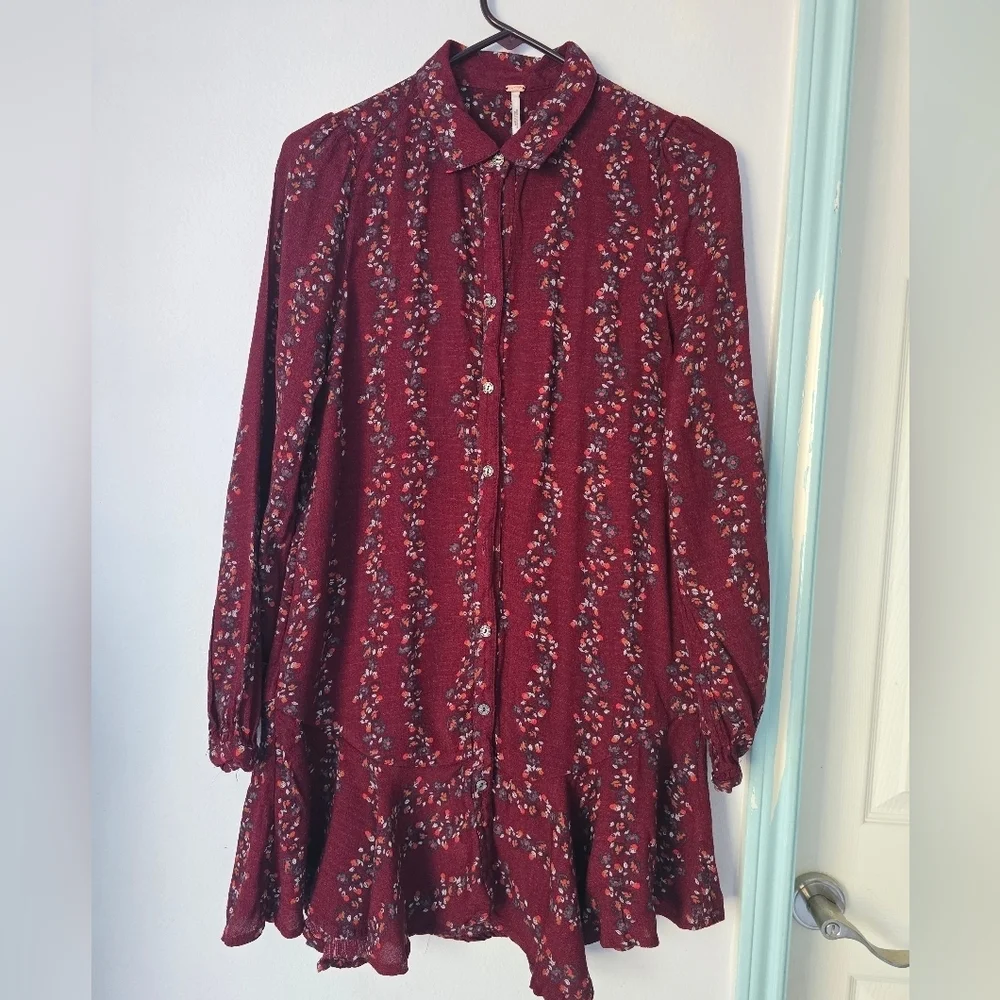 Free People Red Long Sleeve Dress Shirt with Bishop Sleeves size XS